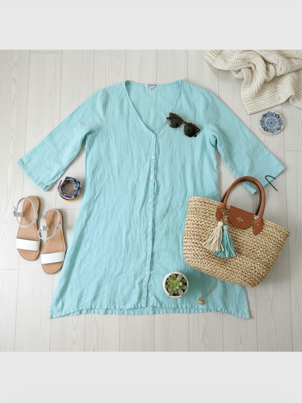 Russ Berens Aqua Blue Linen Full Button Tunic Top Medium Roomy Beachy Coastal